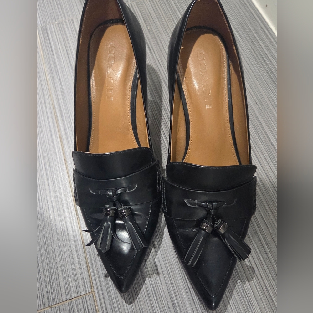 Coach Black Tassel Women's Heeled Loafers - Picture 2 of 10